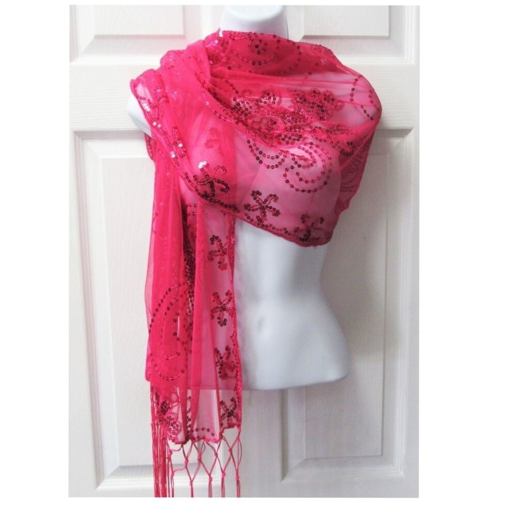 Fuchsia Pink Sequin Shawl Wrap Sparkle Scarf Wedding Bridal Evening Formal Prom